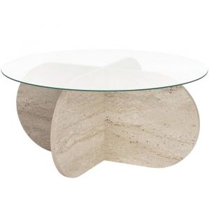 Table basse ronde effet Travertin et verre &Oslash;75 cm - Eolia