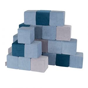 Velour Blocs Mous Pour Bébé 24 Pièces Cubes De Construction En Mousse 14Cm, Cubes: Bleu Lagune-Bleu Glacier-Gris De Montagnes - cubes: bleu