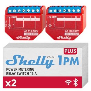 Shelly Plus 1PM | Relais interrupteur/commutateur Wi-Fi & Bluetooth | Domotique | Compteur de consommation | Compatible Alexa et Google Home | App iOS Android | Éclairage intelligent | Lot de 2