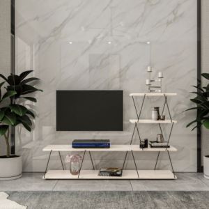 Image de Cotecosy Meuble TV en L montants ultra fins Filumis 150cm Panneau Bois Métal Blanc Noir