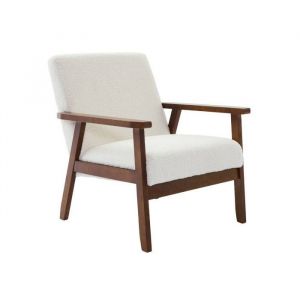 Image de Sweeek Fauteuil scandinave en bois d'hévéa teinté noyer clair et tissu bouclette Isak L 61 x P 65 x H 73cm