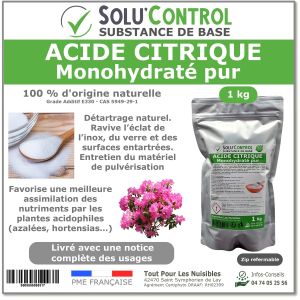 Acide citrique monohydrat&eacute; pur 1 kg - 100% d'origine naturel - Nettoyer, d&eacute;tartrer, raviver l'inox et corriger le pH