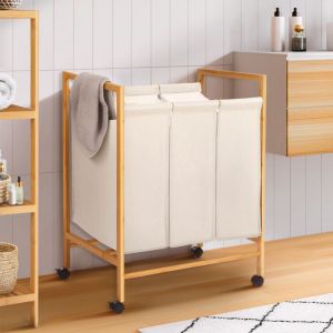 Idmarket Panier à linge bambou ALBIN avec roulettes 3 compartiments en tissu écru Beige