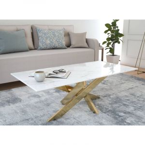 Table basse rectangulaire design verre marbré et pieds dorés melissa - blanc