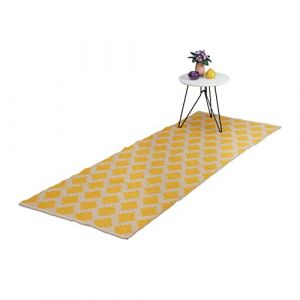 Relaxdays Tapis de Couloir, Coton, 80 x 200 cm, antidérapant, tissé Main, Motif Losanges, carpette Cuisine, Beige-Jaune