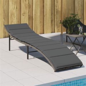 VidaXL Chaise longue avec coussin gris 55x199x50 cm r&eacute;sine tress&eacute;e, lit de bronzage, chaise longue inclinable, lit de jour d'ext&eacute;rieur