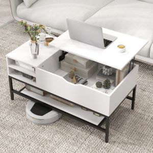 Costway - Table Basse Relevable, Table Basse Salon avec Rangement, Compartiment Caché, Étagère Amovible, Rangement Ouvert, Cadre en Métal, Levage à
