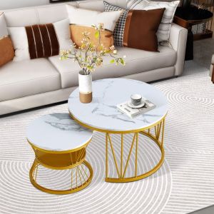 Table basse lot de 2 - Placage marbre - Salon - Design empilable - Ronde - Pieds en V - Jaune dor&eacute; - 70x45+45x40cm