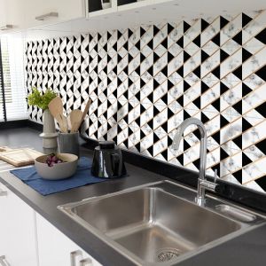 Sticker Mural Carrelage adhésif Cuisine Salle de Bain - 24 STICKERS CARREAUX DE CIMENT EFFET MARBRE NOIR ET BLANC DORÉS - 24stickers10x10cm