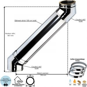 Edilinox - Ensemble d&eacute;voiement 2 x coudes 45 degr&eacute;s + 1 x 100 cm conduit double paroi isol&eacute; Ediliso25 Diam&egrave;tre 150