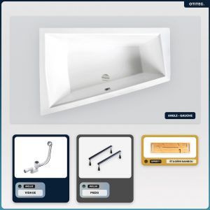 Baignoire asymétrique - 170 x 125 cm - Gauche - sans Habillage - avec Pieds - Étagère bambou - Vidage Chrome - INTIMA DUO