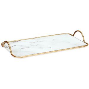 Wadiga Plateau en métal doré et verre effet marbre blanc 20x35x4.5cm