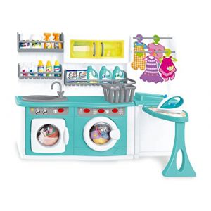 Teorema Giocattoli 67061 - Ensemble de blanchisserie Jouet pour Enfants avec Effets sonores et Lumineux réels, Portes Ouvertes, avec Lave-Linge, Fer à Repasser, conteneurs détergents et Robes en
