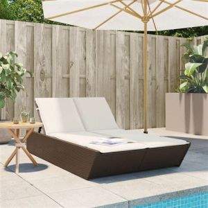 VidaXL Chaise longue double avec coussins marron résine tressée, lit de bronzage, chaise longue inclinable, lit de jour d'extérieur