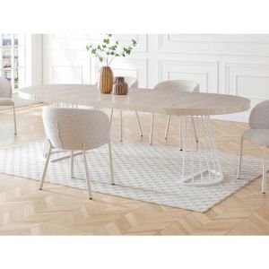 Table &agrave; manger extensible 2 &agrave; 12 personnes en MDF et acier - Effet travertin beige et blanc - FIRELA