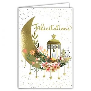 68-9005 Carte Félicitations pour Naissance Bébé Baptême Mariage Fêtes diverses Fleurs étoiles Bougie Lanterne Croissant de Lune en Or Doré Brillant Cadeau avec Enveloppe Blanche Format 17,5x12cm