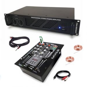 Ibiza Sound Pack DJ Sono Ampli AMP2000-MKII 3000W - Table Mixage Bluetooth DJM150USB-BT USB Jack - Câbles RCA Jack enceintes inclus