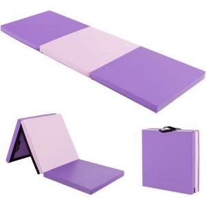 Costway Tapis De Gymnastique Pliable 180x60x5 Cm En 3 Plis Avec 2 Poignées,Velcro 3 Côtés En Pu Etanche Remplissage Epe Violet+Rose