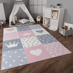 Paco Home - Tapis Chambre Enfant Bebe Fille Garcon Antidérapant Arc-en-ciel Coeur Pois 200x280 cm, Crème Rose Gris