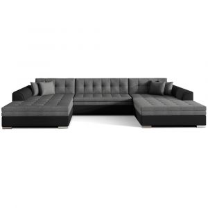 Loungitude Canapé d'angle panoramique 5 places en simili et tissu noir/Gris foncé