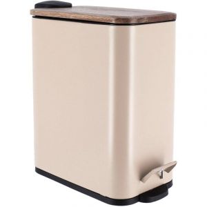 Tendance Poubelle metal rectangulaire 5L frein de chute couvercle en acacia pedale metal - beige