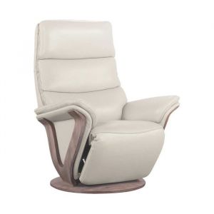 Fauteuil relax &eacute;lectrique pivotant bi-moteur en cuir/pvc couleur mastic pied en bois. - HOLLY