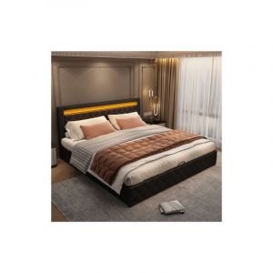 Lit coffre 140x200 cm, lit double capitonn&eacute; avec sommier &agrave; lattes, &eacute;clairage led, sans matelas, similicuir, noir