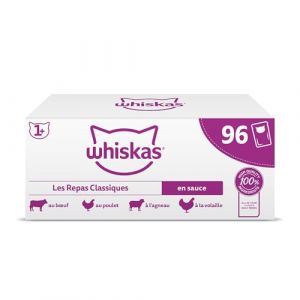 Whiskas Repas pour Chat - 84 Sachets Fra&icirc;cheur de 85g - P&acirc;t&eacute;e pour Chat Adulte en Sauce - Les Repas Classiques (4 Vari&eacute;t&eacute;s)
