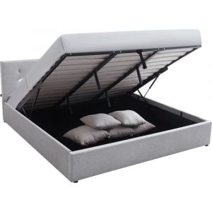 Lit coffre adulte 180x200 cm avec tête de lit matelassée en tissu gris et sommier - Tina