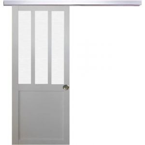 Porte Coulissante Atelier Blanc Vitre Depoli H204 X L73 + Rail Alu Et 2 Coquilles Gd Menuiseries