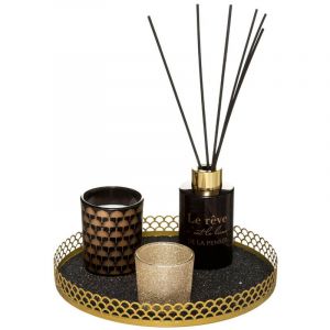 Atmosphera Coffret Senteur Diffuseur de parfum avec Bâtonnets, Bougie, Bougeoir et Plateau en métal Vanille/ambre