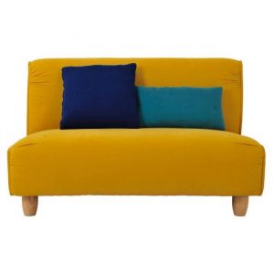 Image de MELINA Canapé fixe 2 places Tissu jaune moutarde et pieds en bois L 122 x P 86,5 x H 78,5 cm
