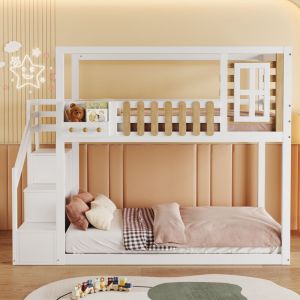 Lit superpos&eacute; 90x200cm en pin massif - avec escalier de rangement - Blanc