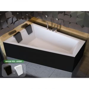Baignoire asym&eacute;trique 180 cm x 125 cm + tablier noir + repose t&ecirc;te - INTIMA DUO - Gauche