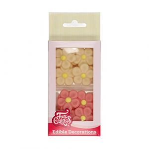 FunCakes Décorations en pâte d'amande Marguerites blanc/rose: prêt à l'emploi pour la décoration de gâteau, parfait pour les cupcakes, muffins et plus, certifié sans gluten, ensemble / 12