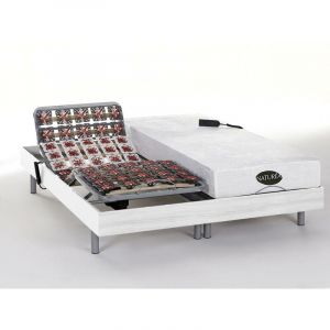 Image de Vente unique com Lit électrique relaxation tout plots matelas mémoire de forme et bambou lysis iii de naturea moteurs okin 2x70x190 cm blanc