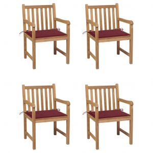 VidaXL Chaises de jardin 4 pcs avec coussins bordeaux Teck solide Rouge bordeaux