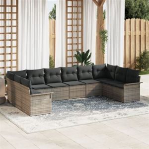 Ensemble de canap&eacute; de jardin de 10 pi&egrave;ces avec coussins Grey Poly Rattan, Canap&eacute; de jardin 2 places avec rangement et coussins