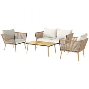 Outsunny Salon de jardin 4 places 4 pièces design scandinave acier époxy résine filaire PE coussins inclus crème