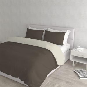 Italian Bed Linen Parure de lit de couleur naturelle avec sac et taies d'oreiller, 100 % coton, marron/crème, double, 3 unités