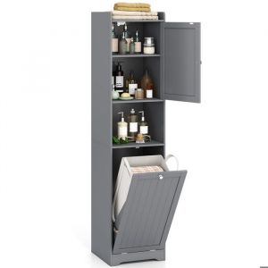 COSTWAY Meuble Colonne de Salle de Bain avec Porte Sac à Linge et Compartiment Ouvert Étagères Réglables 40 x 40 x 170 cm Gris