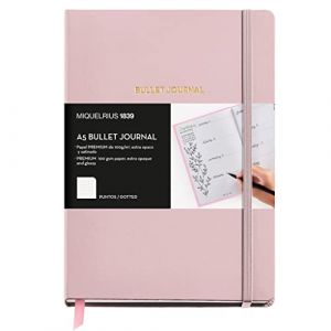 Miquelrius Bullet Journal, Couverture rigide en simili-cuir avec fermeture élastique, Carnet format A5 (148 x 210 mm), 96 Feuilles 100 g/m², Intérieur pointillé, Poche intérieure, Couleur rose