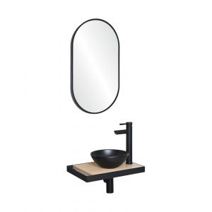 Mob-in - Meuble lave-mains soho plan fin p-serviette côté vasque noire + miroir - Décor chêne