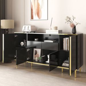 Buffet noir brillance, buffet salon, buffet led avec 2 tiroirs,150x40x80 cm