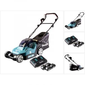 Makita Dlm 432 PM4 Tondeuse à gazon sans fil à 36 v (2x 18 v) 43 cm brushless + 4x Batteries 4.0 Ah + Chargeur double