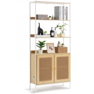 VEVOR Bibliotheque en rotin, etagere de salle de bain avec 2 portes, etagere de rangement ouverte rectangulaire pour presentoir, support pour plantes