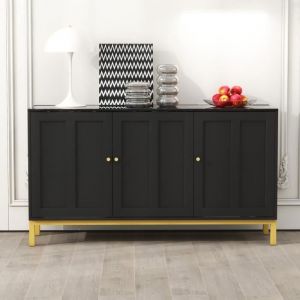 Buffet 140x39.8x80cm - avec 3 portes, plateau en marbre - our cuisine, salon et salle à manger - en mdf noir