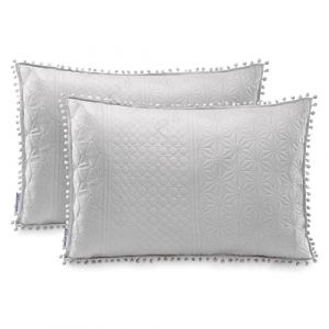 AmeliaHome Lot de 2 taies d'oreiller avec Pompons surpiq&ucirc;res ultrasoniques des Deux c&ocirc;t&eacute;s 50 x 70 cm