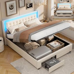 Lit double 140x190 cm - SUNFECILI - Coffre avec sommier à lattes - LED - Beige - Rangement hydraulique