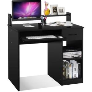 Costway Bureau D'ordinateur Avec Tiroir Et 2 Etagères De Rangement Bureau Informatique Avec Plateau À Clavier Noir